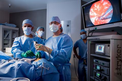 Manish Aghi and Ivan El-Sayed perform a transsphenoidal endoscopic surgery for a pituitary tumor